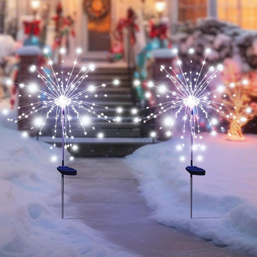 Solar Garden Firework Lights Outdoor Waterproof, 2 Pack Solar Powered Art Stake Twinkle Lighting for Outside Decor, 120 LED Sparklers String Lights for Yard Pathway Decorations(White)