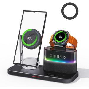 Magnetic Charger for Samsung, 5 in 1 Wireless Charging Station with Alarm Clock for Samsung Galaxy S25 Ultra/S24/S23/S22, Galaxy Watch 8/7/6/4/5, Galaxy Buds/Pro, Black