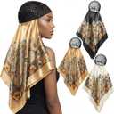 3 Pcs Wrap Hair Net with Scarf, Women Silk Press Head Wrap Netted Scarf 2 in 1 Easy-to-use for Silk Press & Nighttime Care, Styling, Sleep & Shower Cap(Luxury Boho,Beige Yellow Gold)