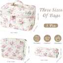 Givurao 3Pcs Cotton Quilted Makeup Bag for Women Girls, Large Floral Cosmetic Bag Set Cute Makeup Brushes Aesthetic Accessories Storage Bag Pink Flower Travel Toiletry Bag Organizer