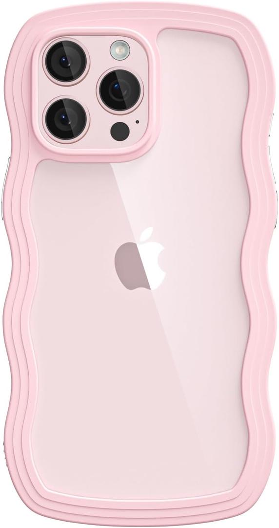 oakxco for iPhone 15 Pro Case Wavy Clear, Slim Thin Transparent Acrylic Hard Shell Plastic & Soft Silicone Wave Frame Bumper, Girly Cute Y2k Curly Phone Case for Women Girls Aesthetic, Light Pink