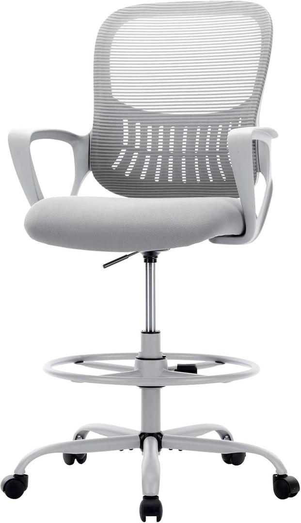 Sweetcrispy Tall Drafting Chair, High Office Desk Chair with Footrest | Comfy Lumbar Support, Counter Height Adjustable, Fixed Arms, 360° Computer Rolling Stool, Grey