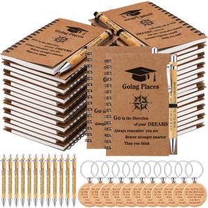 Gueevin 50 Set 2025 Inspirational Graduation Gift Bulk Spiral Kraft Notebooks Bamboo Ballpoint Pens Keychains for College Graduate Teacher Student Employee Coworker Appreciation Gift