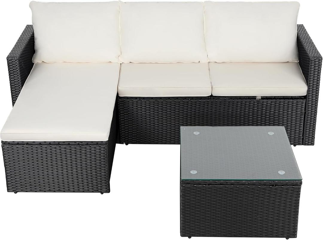 Shintenchi Outdoor Patio Furniture Sets, Small Outdoor Sofa Patio Sectional Sets 3-Piece All Weather Wicker Rattan Patio Seating Sofas with Glass Coffee Table and Cushion (Beige), 70 x 45 x 23 inches