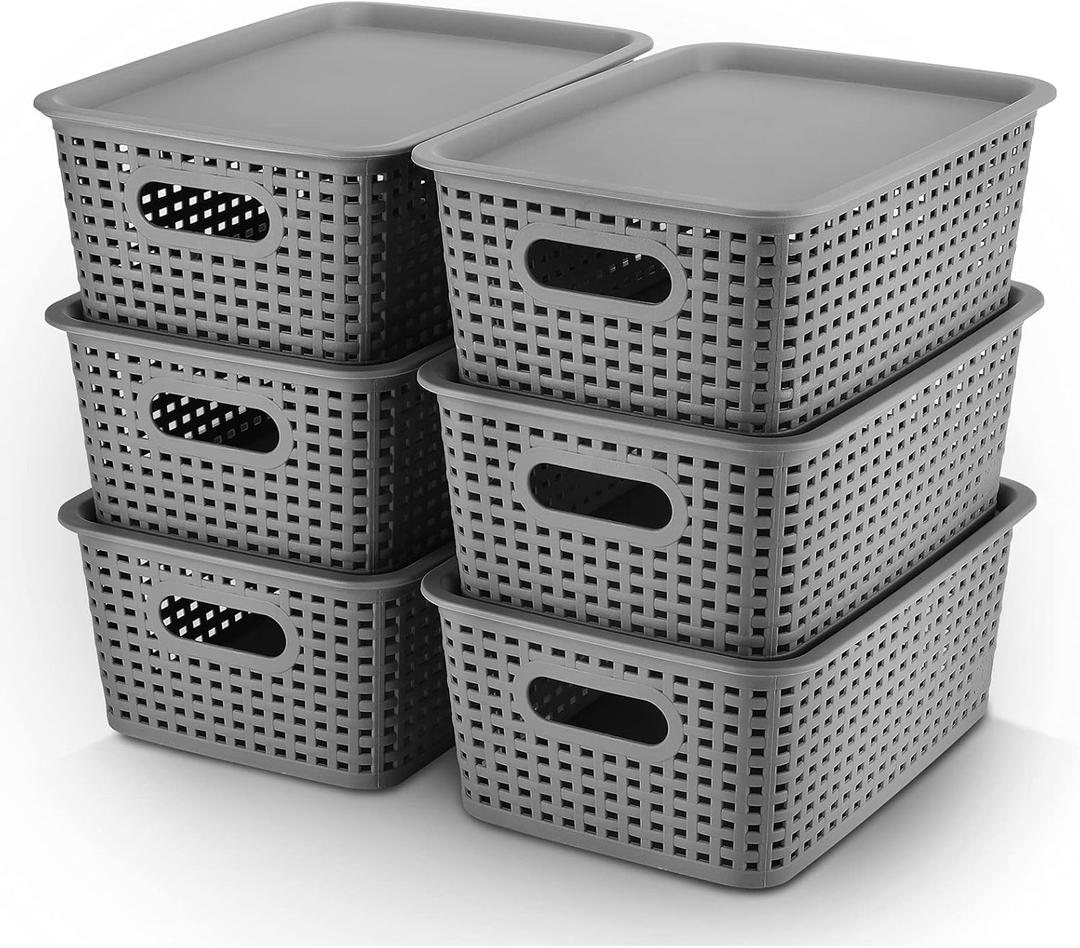 AREYZIN Plastic Storage Baskets Bins With Lid Organizing Container Lidded Knit Storage Organizer Bins for Shelves Drawers Desktop Closet Playroom Classroom Office, 6 Pack (Grey)