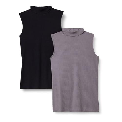 Amazon Essentials Women's Cotton Modal Mock-Neck Slim-Fit Rib-Knit Sleeveless Top, Pack of 2, Grey/Black, Medium