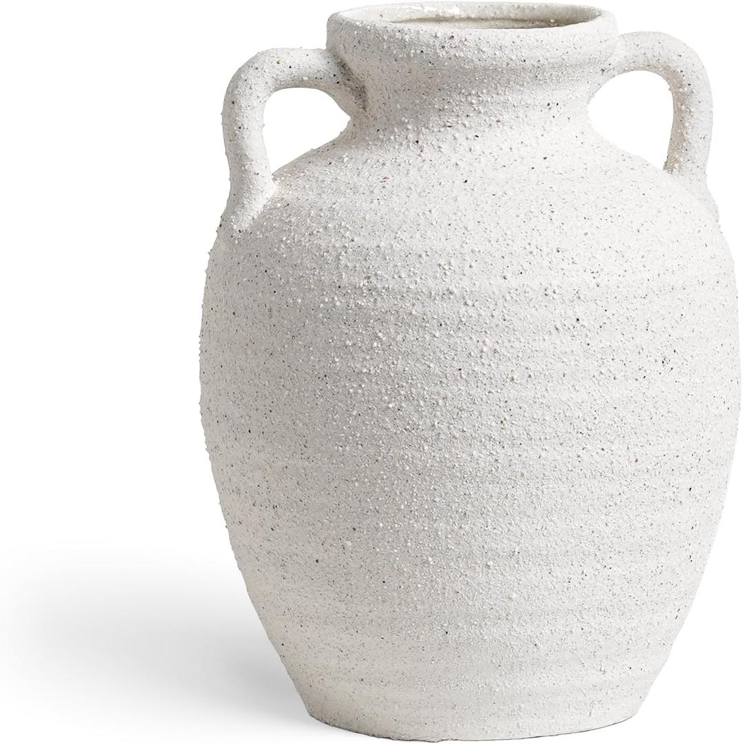 White Ceramic Vase with Handles, 9.5" Large Farmhouse Flower Vase - Rustic Centerpiece for Living Room, Bookshelf, Mantel, Entryway, Table & Wedding Home Decor (Rock Sand White)