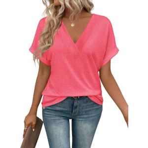 Women Tops Short Sleeve V Neck Tees Fashion T Shirts Loose Fit Comfy Soft Casual Summer Blouses 2026, Watermelon Red, M