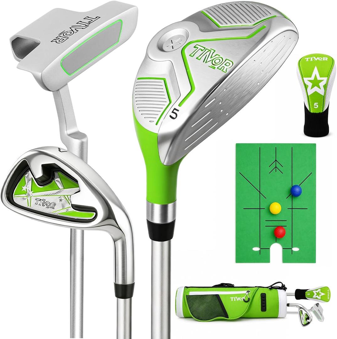 Kids Golf Clubs Set for Ages 3-5, Right-Handed Junior Golf Clubs 6 Piece Set with Hybrid, 7 Iron, Putter, Golf Bag, Headcover & Practice Mat, Kids Golf Set for Height 3'4"3'10",Blue Green