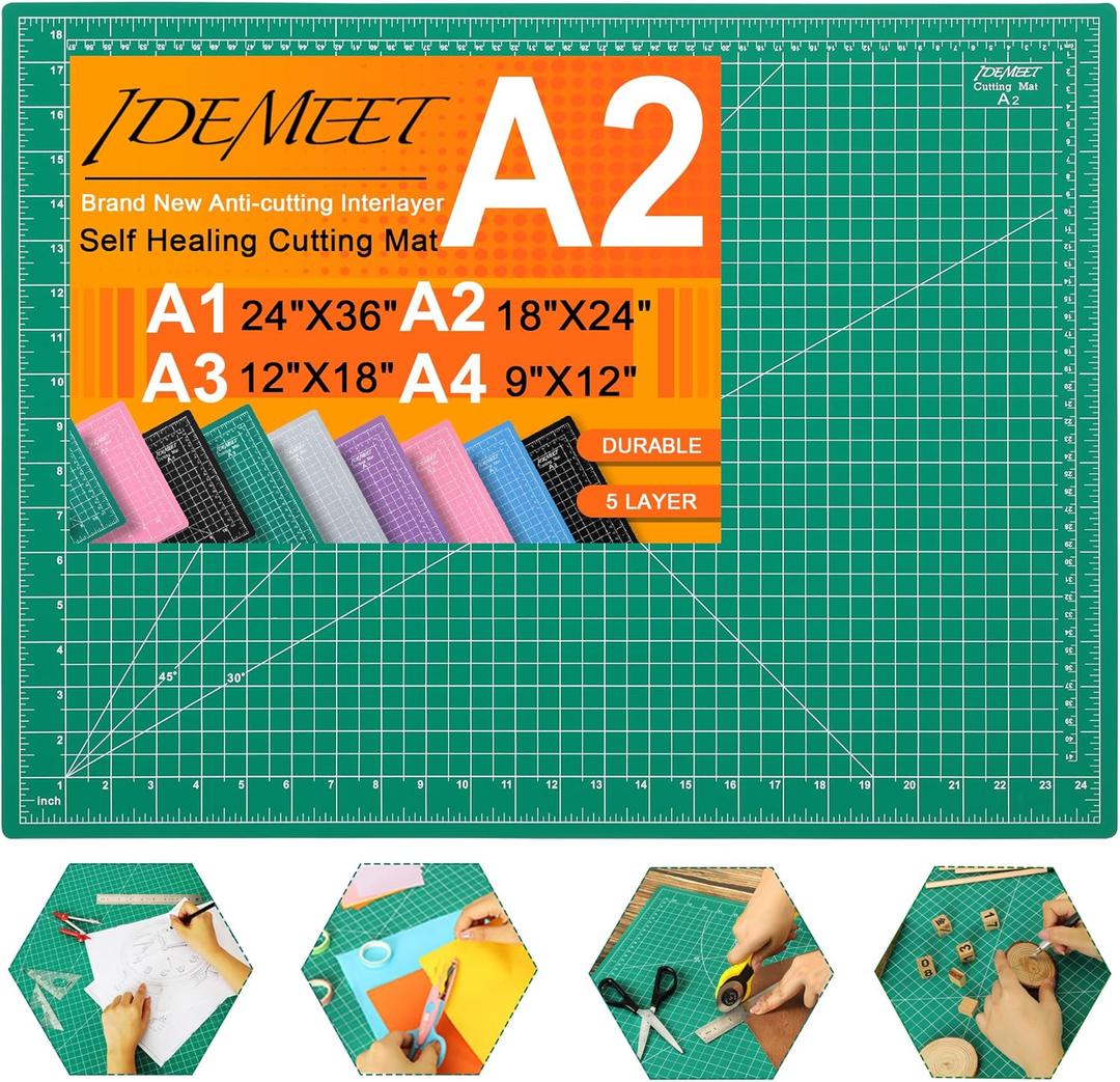 Density-upgraded 18" x 24" Self Healing Sewing Mat, Idemeet Rotary Sewing Mat for Crafts, 5-Ply Cut Board for Fabric Leather Cutting Quilting Modeling Hobby Project, Scale Size 18" x 24", Green