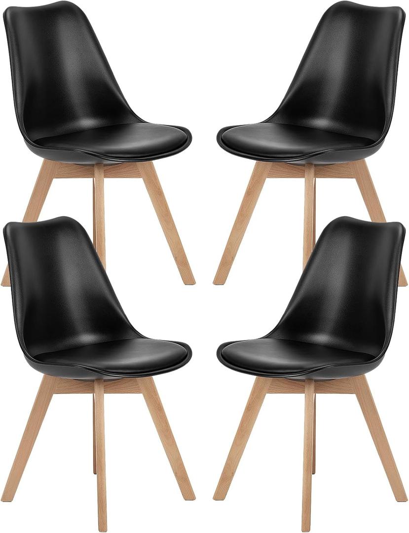 Sweetcrispy Dining Chairs Set of 4, Upholstered Kitchen Room Dining Chair, PU Leather Mid Century Modern Chairs with Wood Legs for Home Kitchen, Black