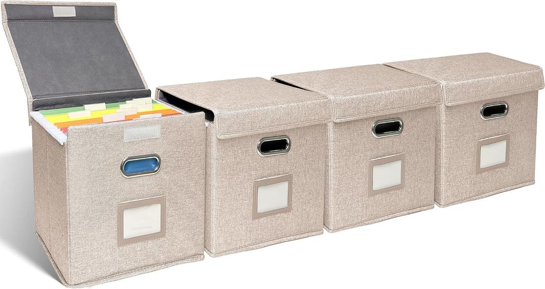 4 Pack Hanging File Folder Box with Lid, Durable Letter Size Filing Storage Box, Sturdy File Holder with Cardboard Support PVC Rails for Office Home Organizer, Beige
