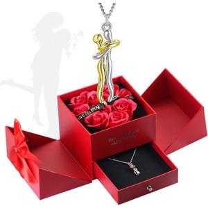Valentines Day Gifts for Him Her Boyfriend Girlfriend, Preserved Real Roses with Couple Hug Necklace, Wedding Anniversary Birthday Gift for Women, Romantic Present to Mother Mama Couples Wife Husband (Red box + Silver necklace)