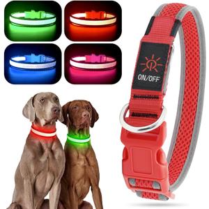YFbrite Light up Dog Collar, USB Rechargeable LED Puppy Collar Super Bright Adjustable Glowing Dog Lights for Night Walking (Red, Medium)
