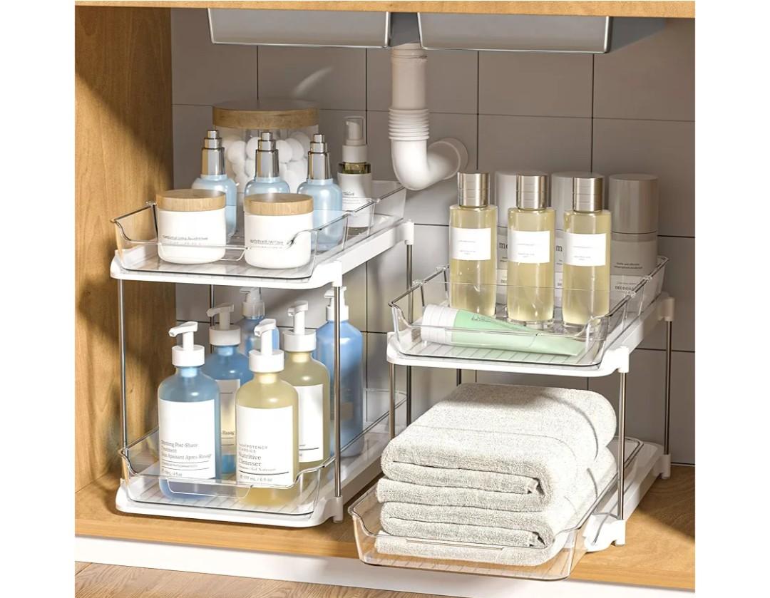 Delamu 2-Tier Multi-Purpose Bathroom Under Sink Organizers and Storage, Stackable Kitchen Pantry Organization, Pull Out Medicine Cabinet Organizer with Movable Dividers, White, 2 Pack