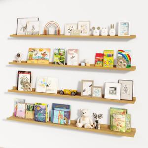 Picture Ledge Shelf for Wall, 72 inch Nursery Book Shelves 4 Packs, Large Floating Ledge Shelves for Kid's Room Bedroom Bathroom Living Room Photo Frames Office Nursery Wall Decor, Natural Oak