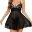 Babydoll Lingerie For Women V Neck Sheer Lingerie Dress Lace Sexy Sleepwear Mesh Sexy Nightgown with Thong XXL (Black)