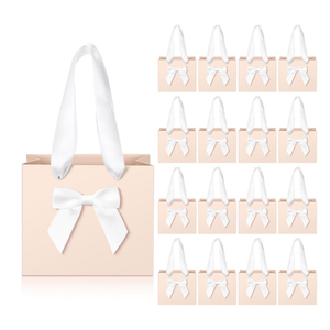 Kolldenn 50 Pcs No DIY Small Gift Bags with Bow Ribbon 4'' x 2.7'' x 4.5'' Mini Pink Paper Thank You Bags Bulk with Handle for Baby Shower Party Favor Wedding Birthday