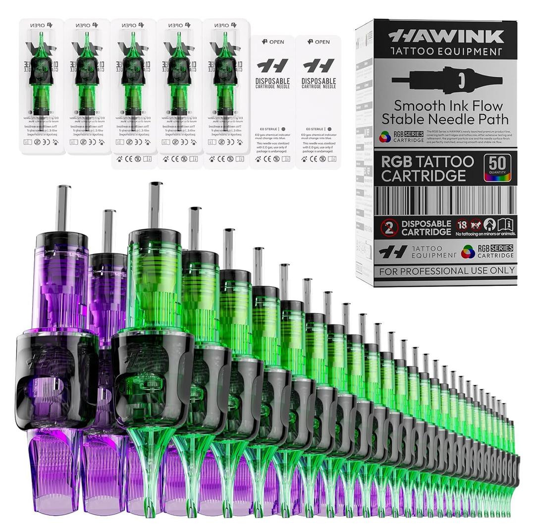 HAWINK 50PCS Tattoo Needles Cartridge Assorted Mixed Size Round Liner Shader Magnum Curved/Round Mag 10#(3RL 5RL 7RL 3RS 5RS 7RM 9RM 11RM 13RM 15RM)*5PCS with Membrane Professional EN20-FG-50KIT-N