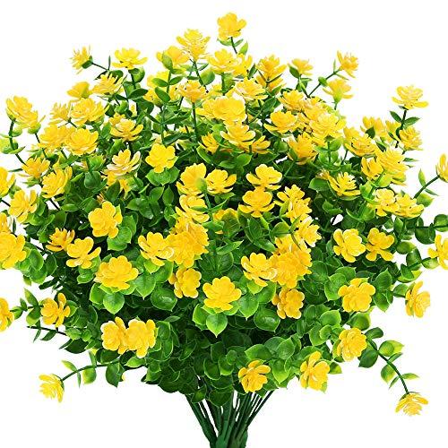 KLEMOO 6 Bundles Outdoor Artificial Fake Flowers UV Resistant No Fade Boxwood Faux Plastic Plants for Garden Patio Porch Window Box Home Wedding Farmhouse Décor (Yellow)