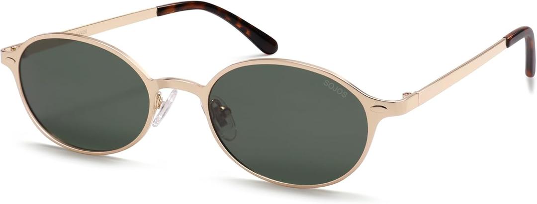 SOJOS Small Retro Oval Polarized Sunglasses Womens Mens, 80s 90s Chic Trendy Round Metal Frame Sunnies SJ1260 (Shiny Gold/Green)