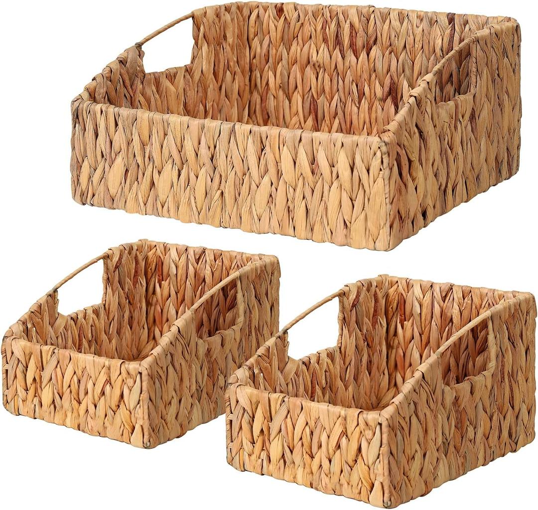 Ollieroo Natural Water Hyacinth Storage Baskets, Handwoven Wicker Storage Bins with Built-in Handles, Storage Container Baskets for Shelves, Bedroom, Bathroom, Laundry Room or Kitchen(Set of 3) (Yellow)