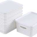 Hespama 6 Packs Lidded Storage Baskets, Plastic Desktop Organizer Baskets, White