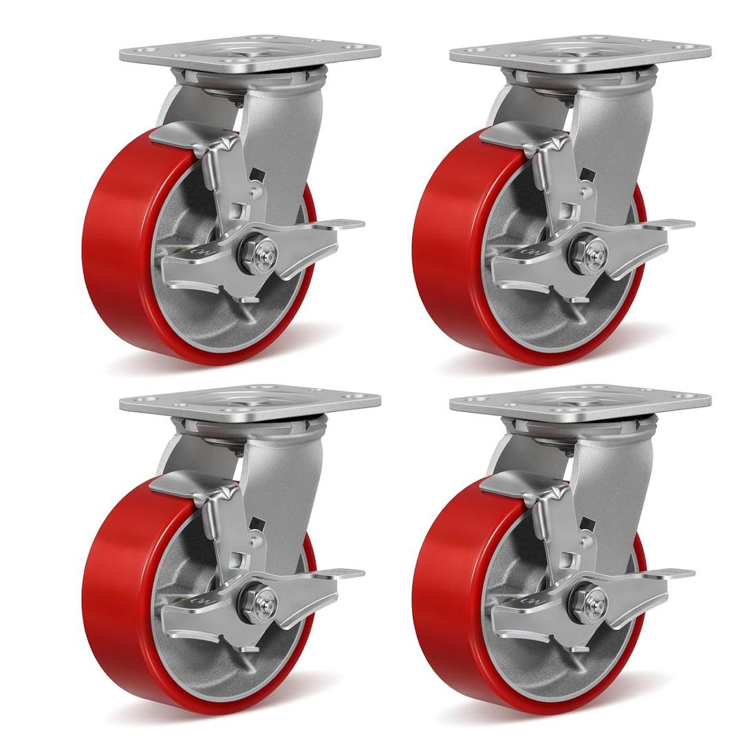 5" X 2" Heavy Duty Casters- Industrial Casters, Polyurethane Casters Wheels, Capacity up to 4000 Lb. Use for Platform Truck, U-Boat Cart,Workbenches (4 Brake)