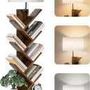 6 Tier Tree Bookshelf with Light, Corner Tall Narrow Bookshelf, Small Bookcase with Storage Cabinet,Floor Standing Bookshelves Organizer for Bedroom/Living Room/Home Office, Rustic Brown