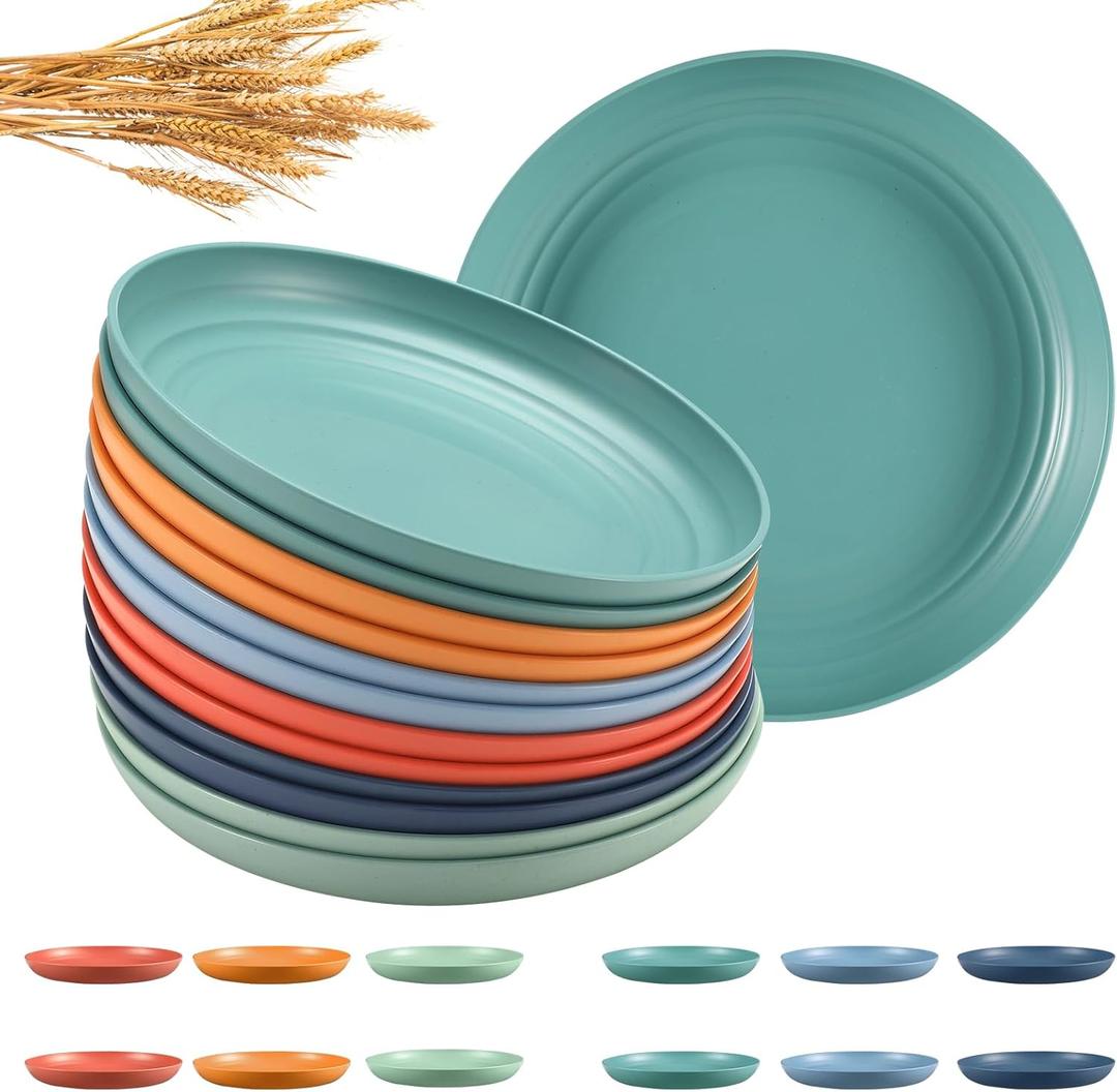 HEYCOME 12 Pcs Unbreakable Deep Dessert Plates Set, 8 inch Reusable Plastic Wheat Straw Plates, Microwave and Dishwasher Safe Plate for Kitchen, Lightweight Plate for Dessert, BPA Free, 6 Colors (6-Dark Multicolor)