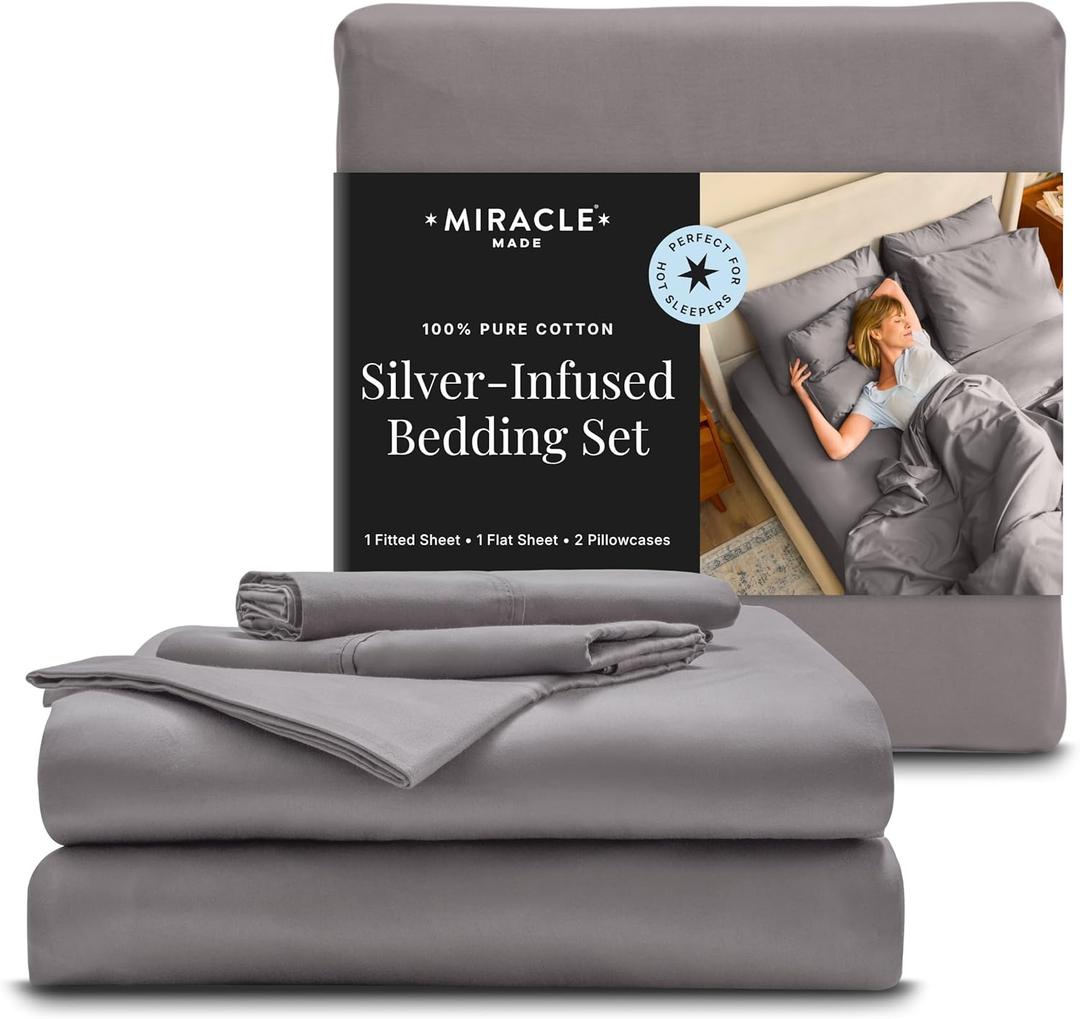 Miracle Made Cotton Bed Sheets  4 Piece Silver Infused, 300-Thread-Count Thermoregulating Miracle Clean & Cool  Sheet Set (Stone, Twin XL)