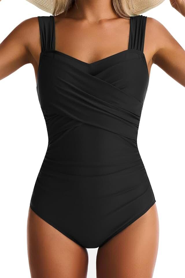 One Piece Swimsuit for Women Tummy Control Wide Straps Bathing Suits Full Coverage Swim Suit Color Block Swimwear, Size Large