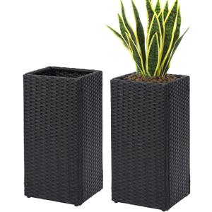 2 Pack Tall Planters for Outdoor Plants Rattan Modern Tall Square Planter Box with Removable Liners Indoor Outdoor Porch Patio Flower Pot (12 x 12 x 24)