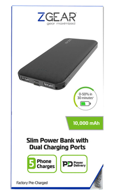 ZGear Slim Power Bank With Dual Charging Ports 10,000mAh