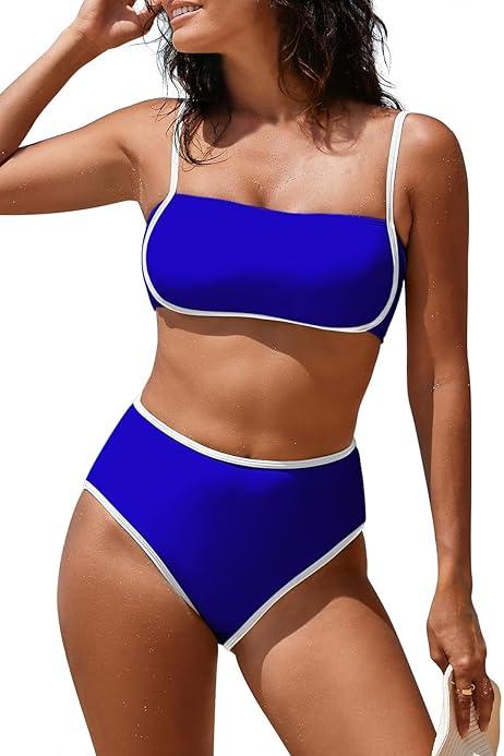 Women with Breast Pad No Support Beach Solid Color Bikini One Shoulder Sexy Separate Swimsuit Swimsuits for Women, Large Blue