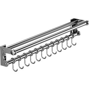 Hanging Wall Mount knife Wall Mount, Space-Saving Knife Rack with Hooks, Kitchen Organizer Storage Shelf for Utensils Spatula Spoon, Kitchen Utensil Hanger (Silver, 50CM+10Hooks)