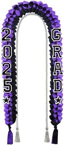 Cindeer 2025 Graduation Ribbon Lei Set Handmade Braided Necklace Honor Cord with Tassel 2025 Grad Embroidery Patches for High School College Graduation Party Supplies(Black, Purple)