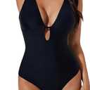 SUUKSESS Women One Piece Tummy Control Swimsuit Deep V Neck Cutout Bathing Suit (Large, Black)