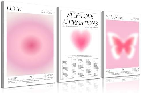 3Pcs Pink Gradient Aura Canvas Wall Art Trendy Abstract Angel Number Positive Affirmation Spiritual Posters Prints Aesthetic Wall Decor Pictures for Living Room Bedroom Decoration, 16x24in Pack Of 4