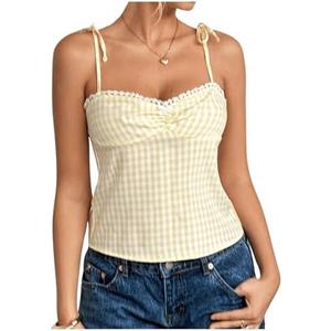 Floerns Women's Plaid Print Tie Shoulder Camisole Cute Lace Trim Ruched Bust Cami Top L