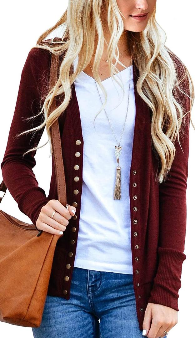 NENONA Women's Long Sleeve Lightweight Summer Cardigans Open Front Button Down Basic Soft Fall Fashion Outwear (Medium, Burgundy)