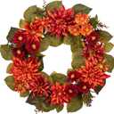 24" Artificial Christmas Wreath for Front Door Flower Wreath with Orange Dahlia and Mums Christmas Decorations for Home Farmhouse Wall Mantel Dcor