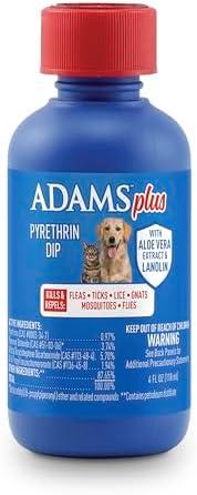 ADAMS Plus Pyrethrin Flea Dip for Dogs and Cats, Kills and Repels Fleas, Ticks, Lice, Gnats, Mosquitoes and Flies, for Dogs, Cats, Puppies, & Kittens, 4 Fl oz
