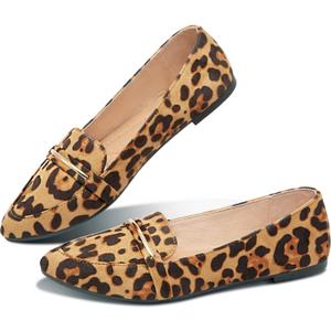 Obtaom Women's Pointy Toe Loafer Flat Comfortable Faux Suede Work Shoes,Cute Penny Loafer Slip On Ballet Flat (9, Leopard Print)