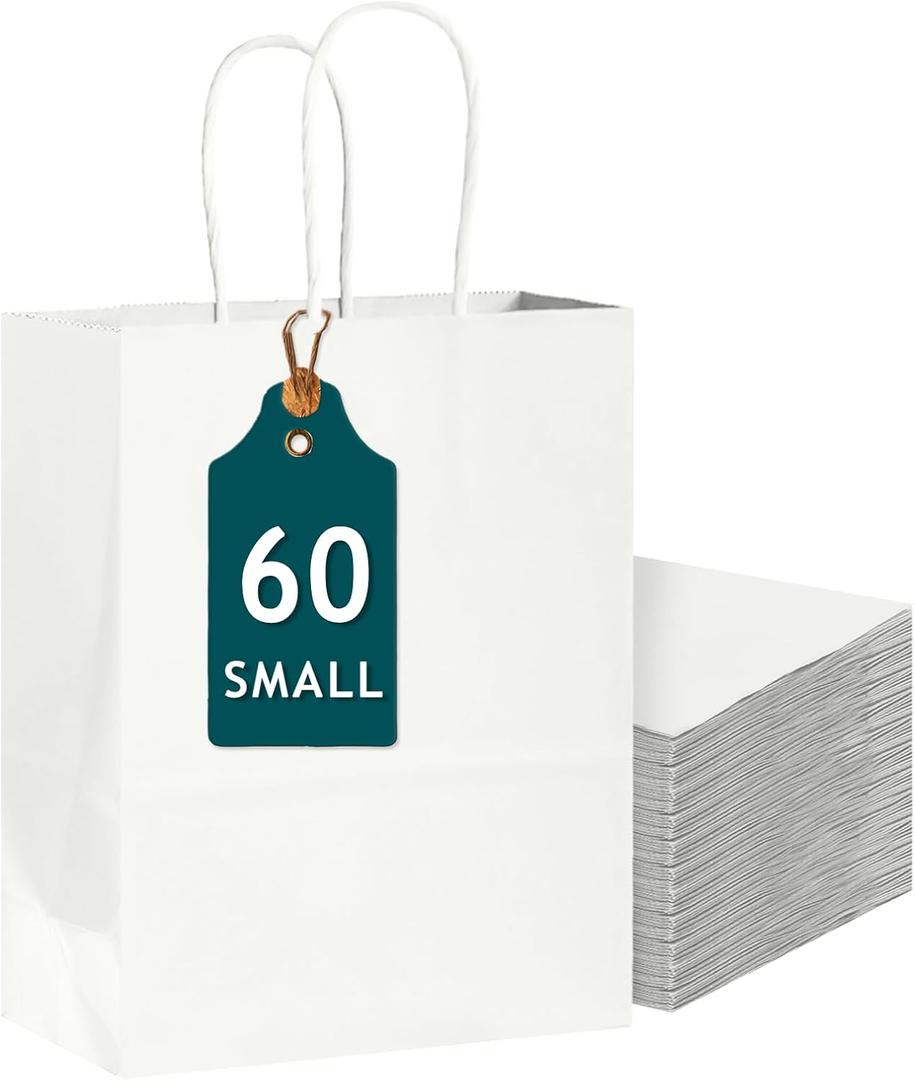 Bakepacker 60-Pack Small Size Gift Paper Bags with Handles Bulk 8.3"x6"x3.16" White Party Kraft Shopping Bags