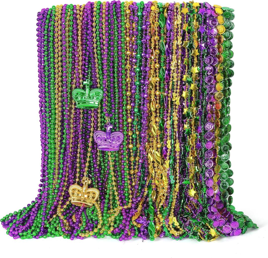 48PCS Mardi Gras Beads, Metallic Mardi Gras Beads Necklace, 10 Kinds Green Purple Gold Necklaces Bulks, Coins Mask Bead Necklace Costumes, Festival Carnivals Events Parade Throws Party Accessories