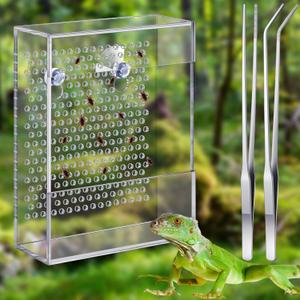 Geyoga Bearded Dragon Feeder with Suction Cups and 2 Tweezers Chameleon Bug Bowl Bug Feeder for Bearded Dragon Acrylic Reptile Feeding Box Tank and Aquarium Accessories for Lizard Gecko Frog(Clear)