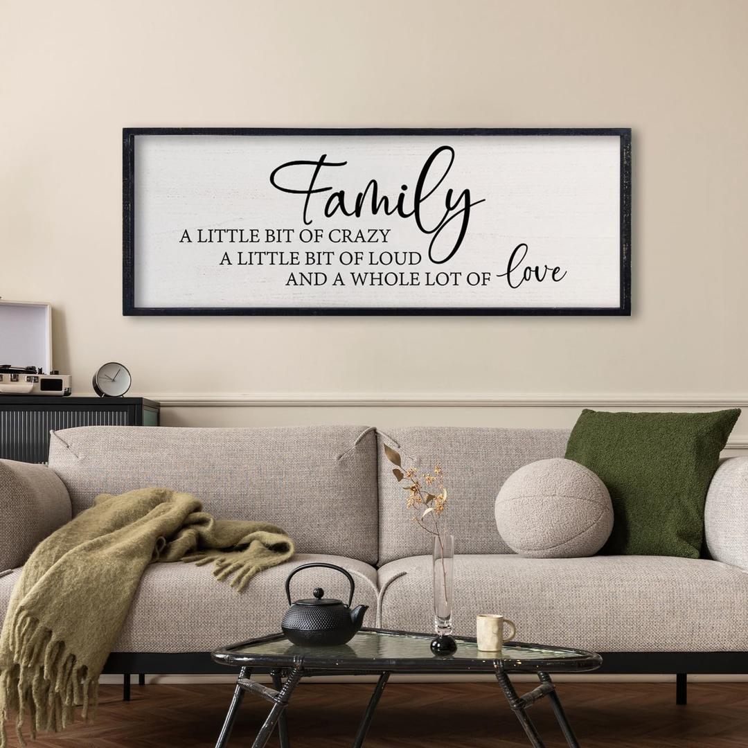 TQianJiang Family A Little Bit Of Crazy Sign Wall Decor 24"X10" Family A Little Bit Loud Large Wood Framed Wall Hanging Art (Black)