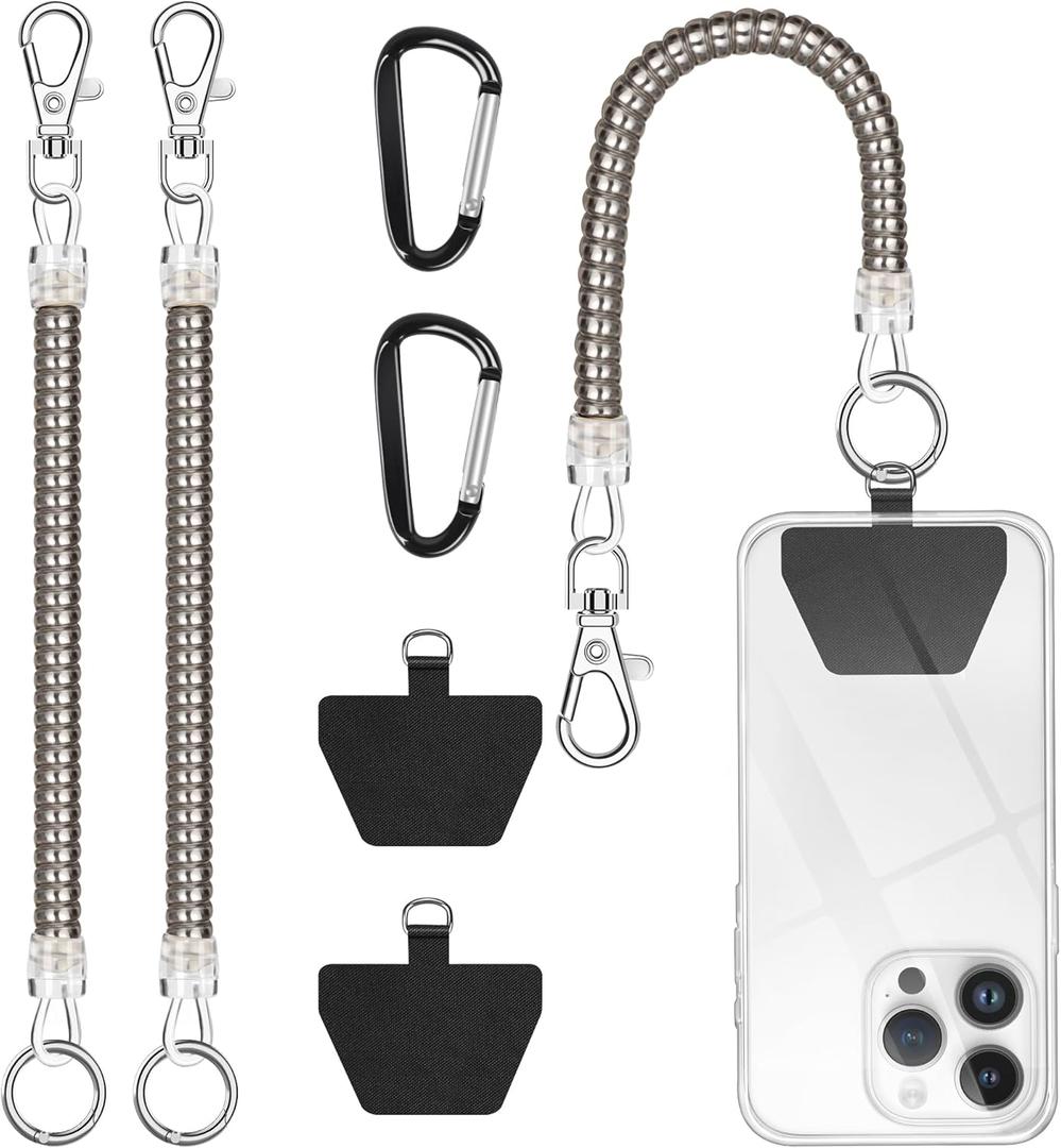 takyu Phone Tether, 2PCS Phone Leash Anti-theft Phone Strap with 2*Tab and 2*Carabiner for Hiking Climbing Shopping Fit for iPhone Samsung Most Smartphones (Silver)