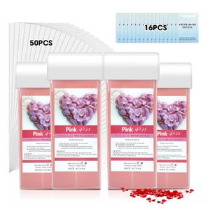 Roll On Wax, Hair Removal Wax Cartridges with Strips 50Pcs and Wax Wipes 16Pcs, Depilatory Wax Roller Refill 4 Pack, Waxing Kit for Leg, Arm, Underarm